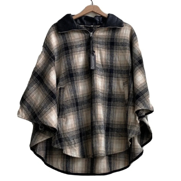 Blank NYC checked out plaid poncho cape jacket quarter zip vegan leather collar - Picture 2 of 16